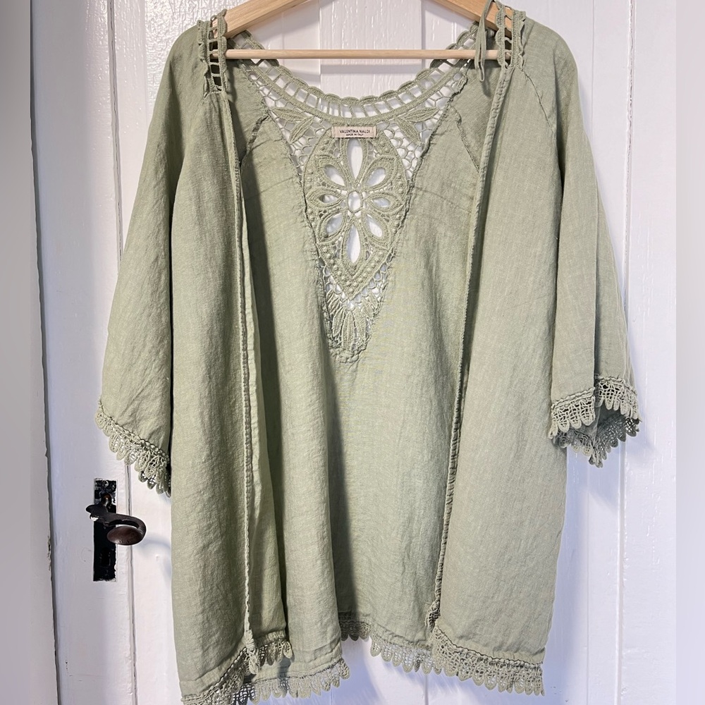 Valentina Naldi 100% Linen sage green crochet open cardigan one size